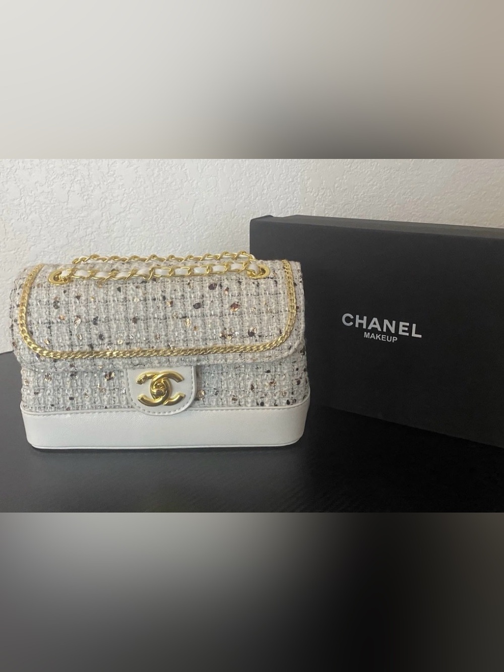 CHANEL White Tweed & Leather Cosmetic Crossbody with Gold Chain
